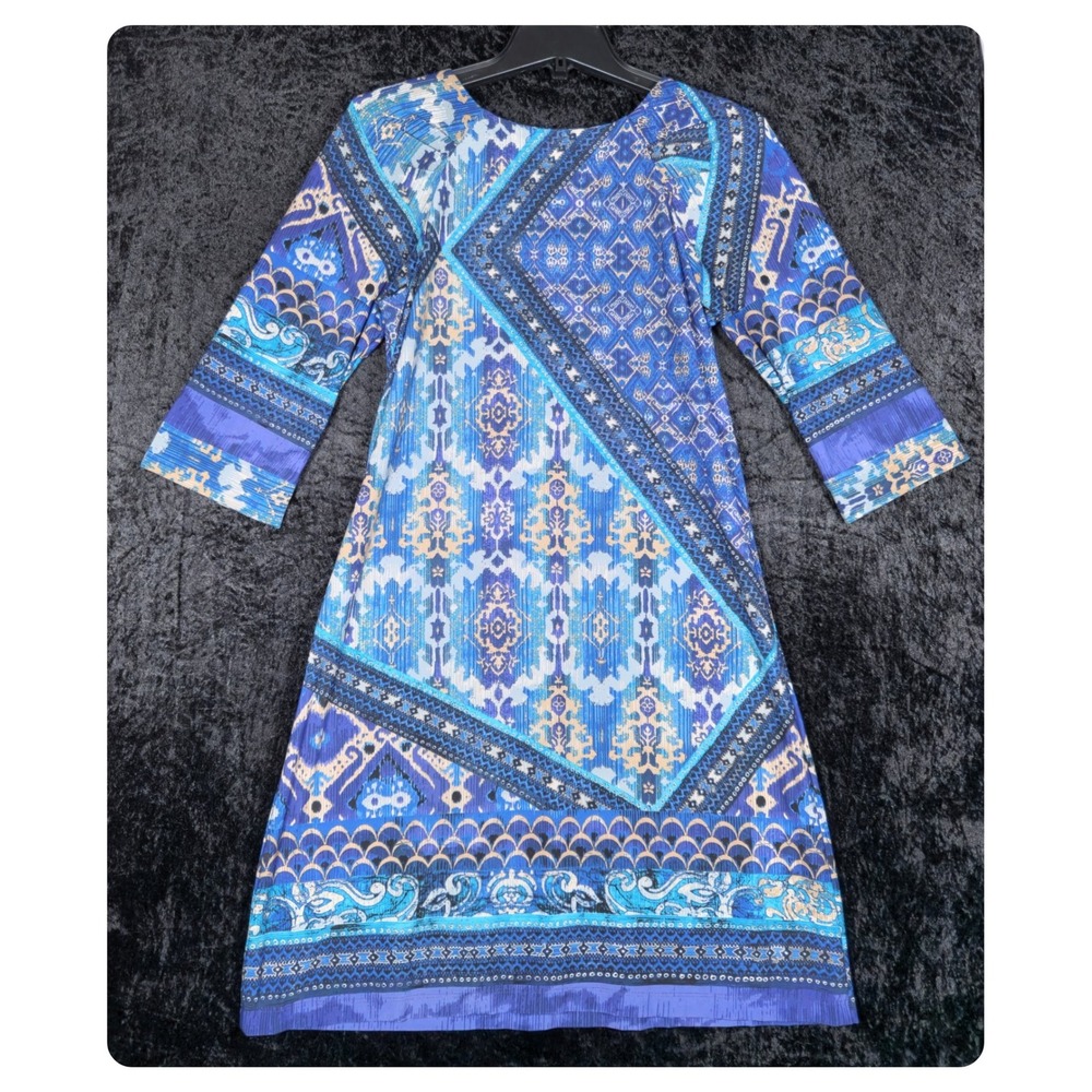 Rabbit Rabbit Rabbit Petite Blue Ikat Patchwork V-Neck 3/4 Sleeve Dress Size 12 - Picture 3 of 8